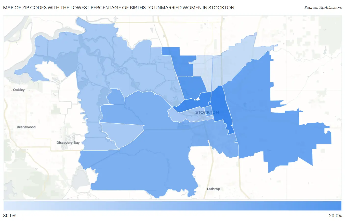 Zip Codes with the Lowest Percentage of Births to Unmarried Women in Stockton Map