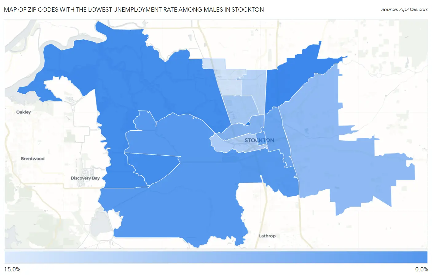 Zip Codes with the Lowest Unemployment Rate Among Males in Stockton Map