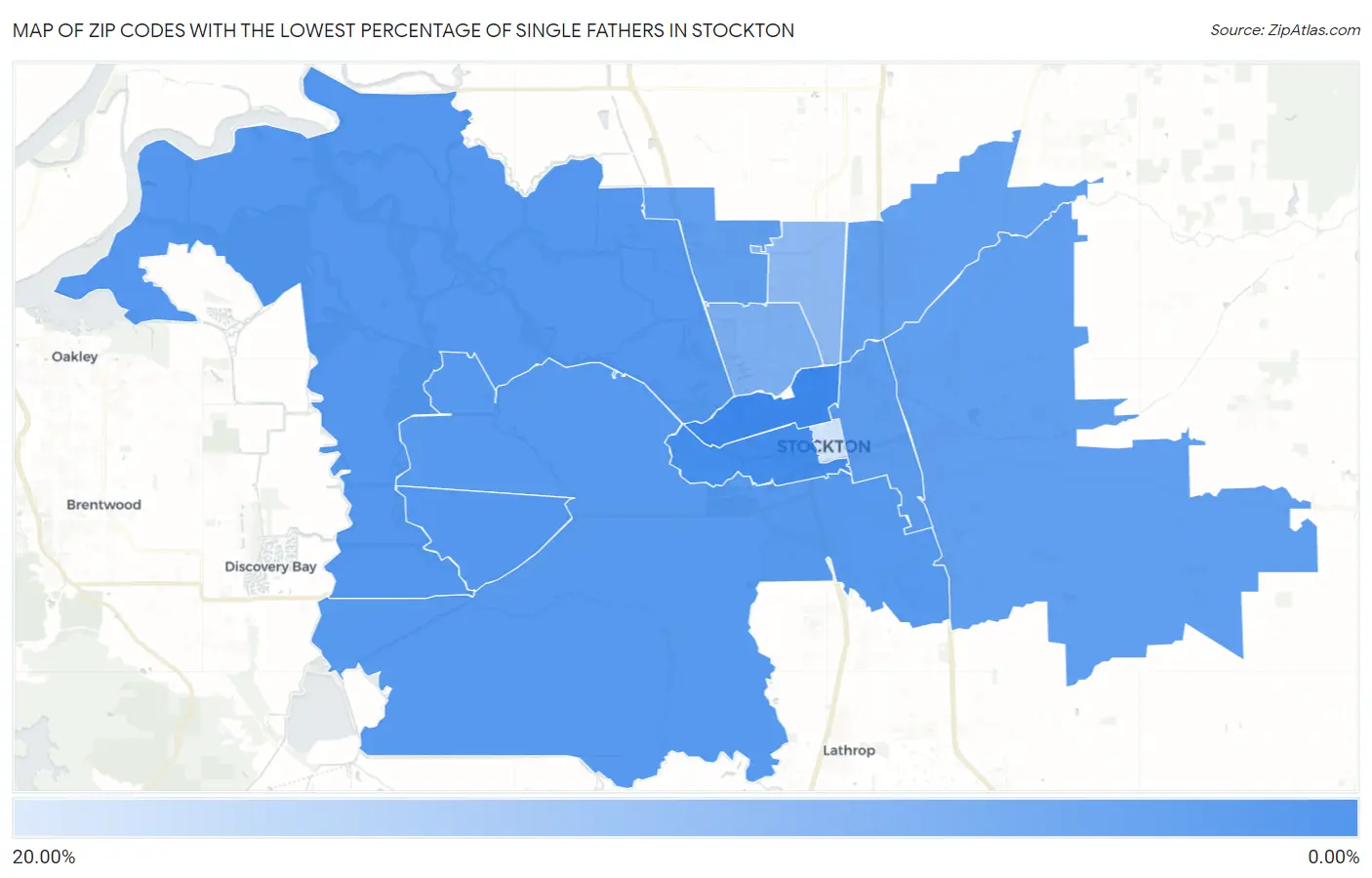 Zip Codes with the Lowest Percentage of Single Fathers in Stockton Map