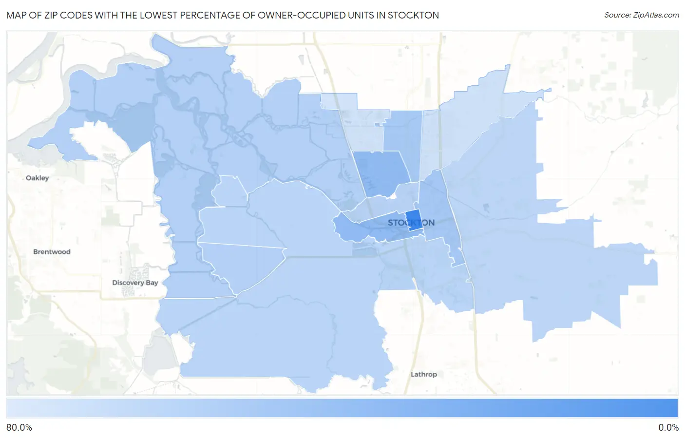 Zip Codes with the Lowest Percentage of Owner-Occupied Units in Stockton Map