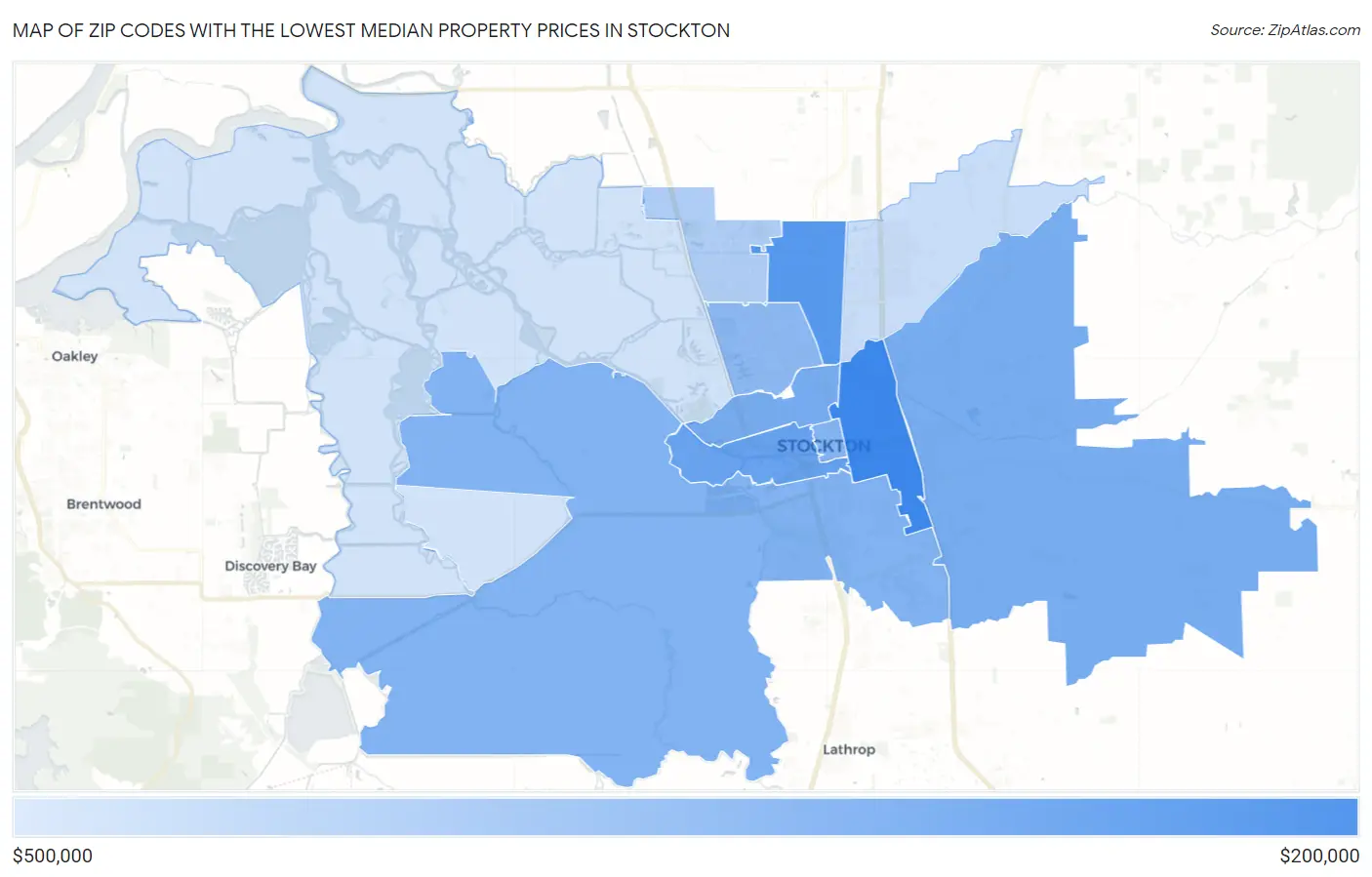 Zip Codes with the Lowest Median Property Prices in Stockton Map