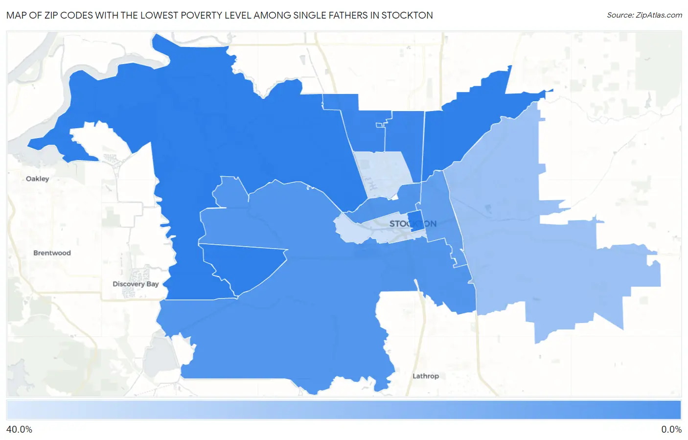 Zip Codes with the Lowest Poverty Level Among Single Fathers in Stockton Map