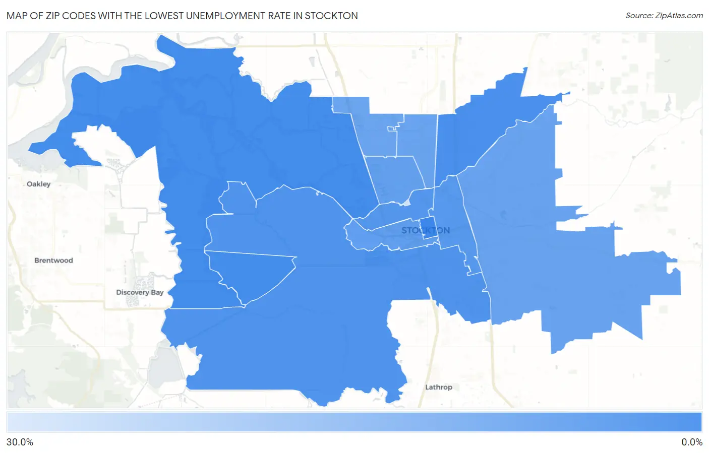 Zip Codes with the Lowest Unemployment Rate in Stockton Map
