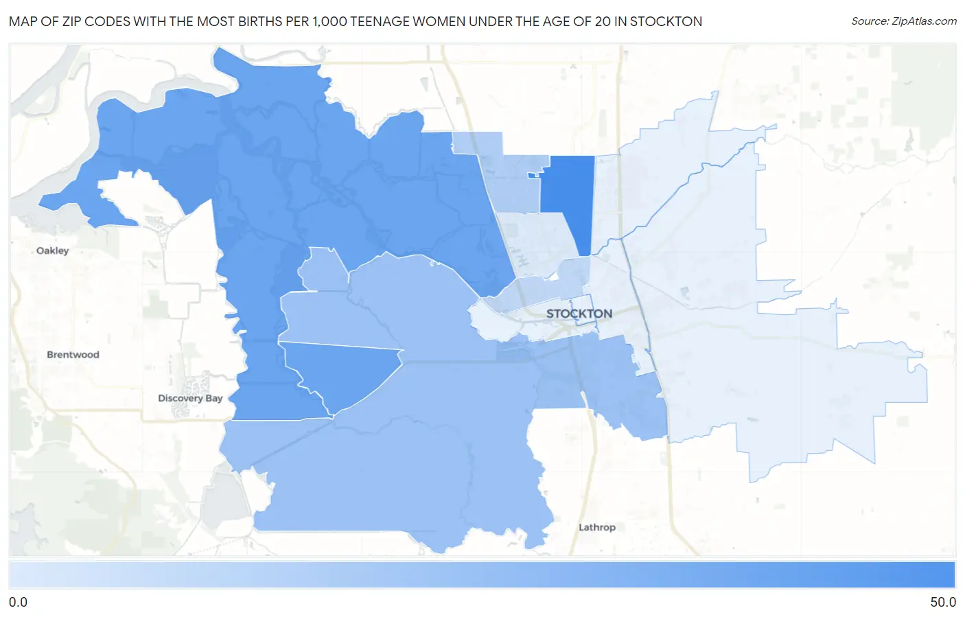 Zip Codes with the Most Births per 1,000 Teenage Women Under the Age of 20 in Stockton Map