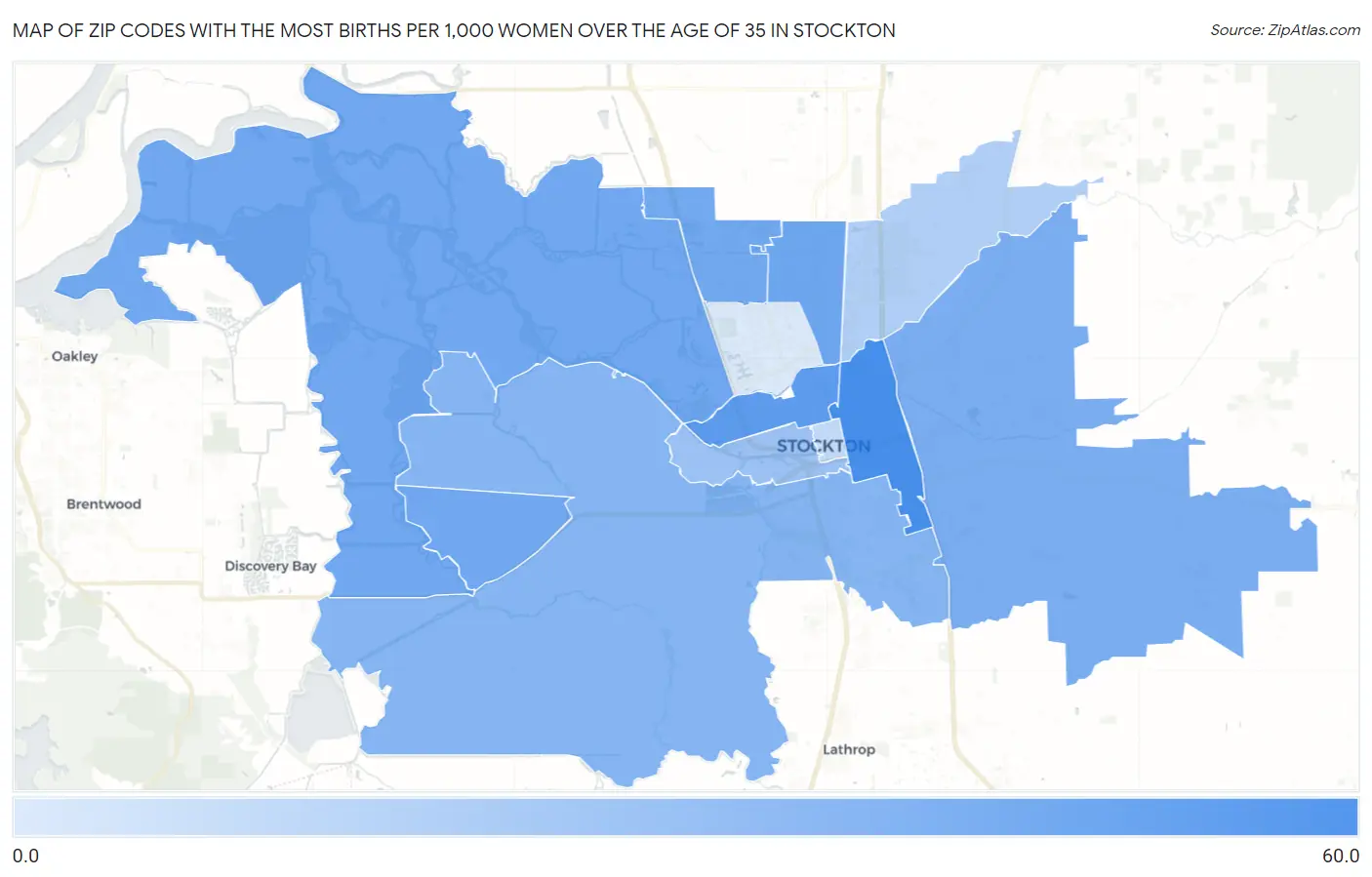 Zip Codes with the Most Births per 1,000 Women Over the Age of 35 in Stockton Map