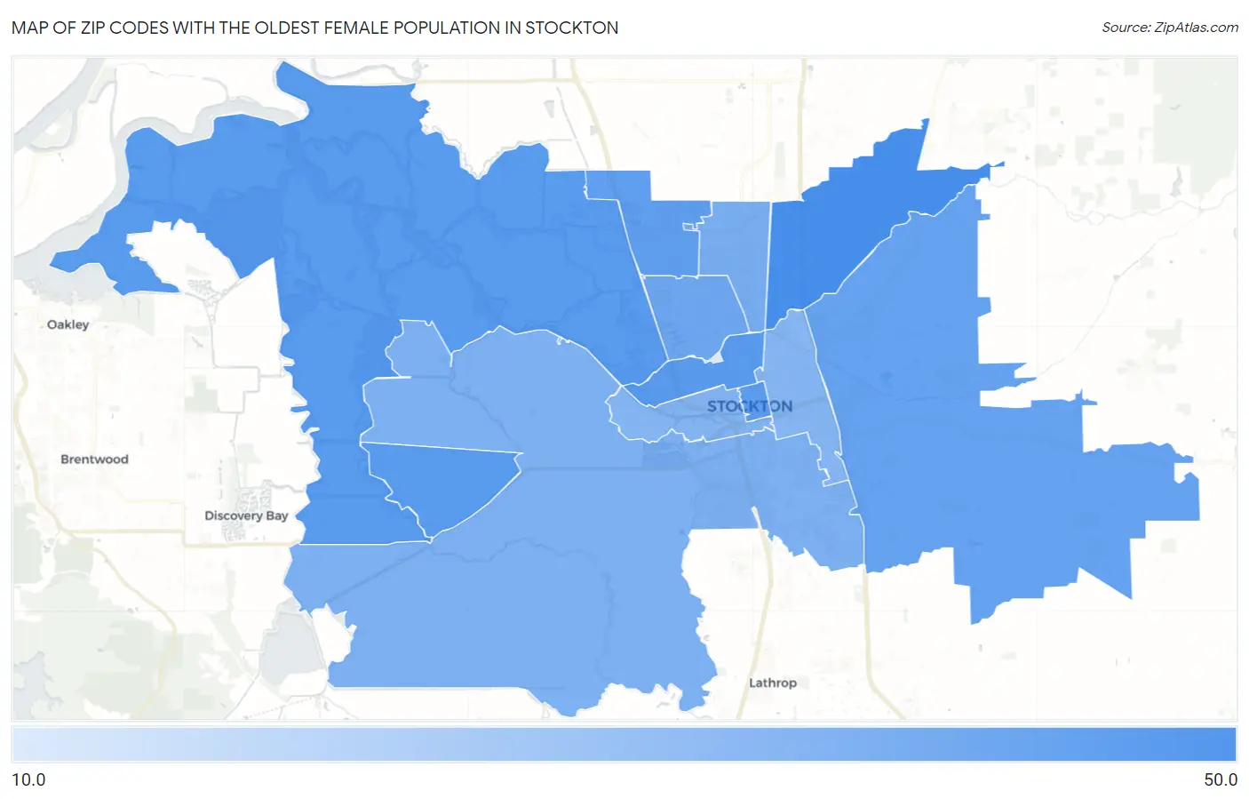 Zip Codes with the Oldest Female Population in Stockton Map