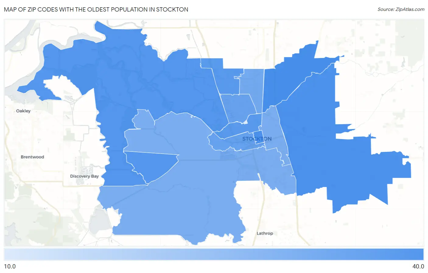 Zip Codes with the Oldest Population in Stockton Map