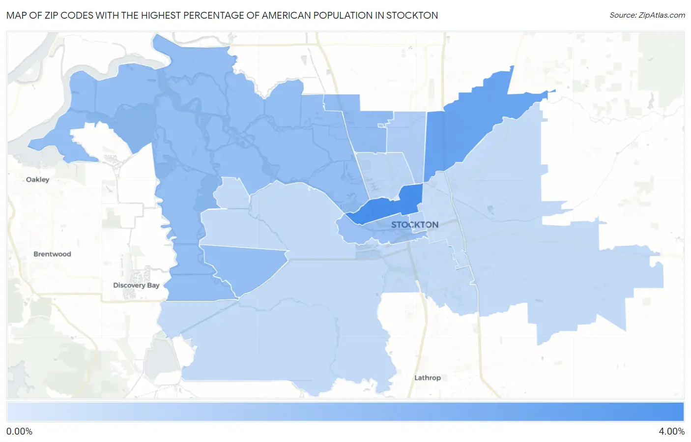 Zip Codes with the Highest Percentage of American Population in Stockton Map
