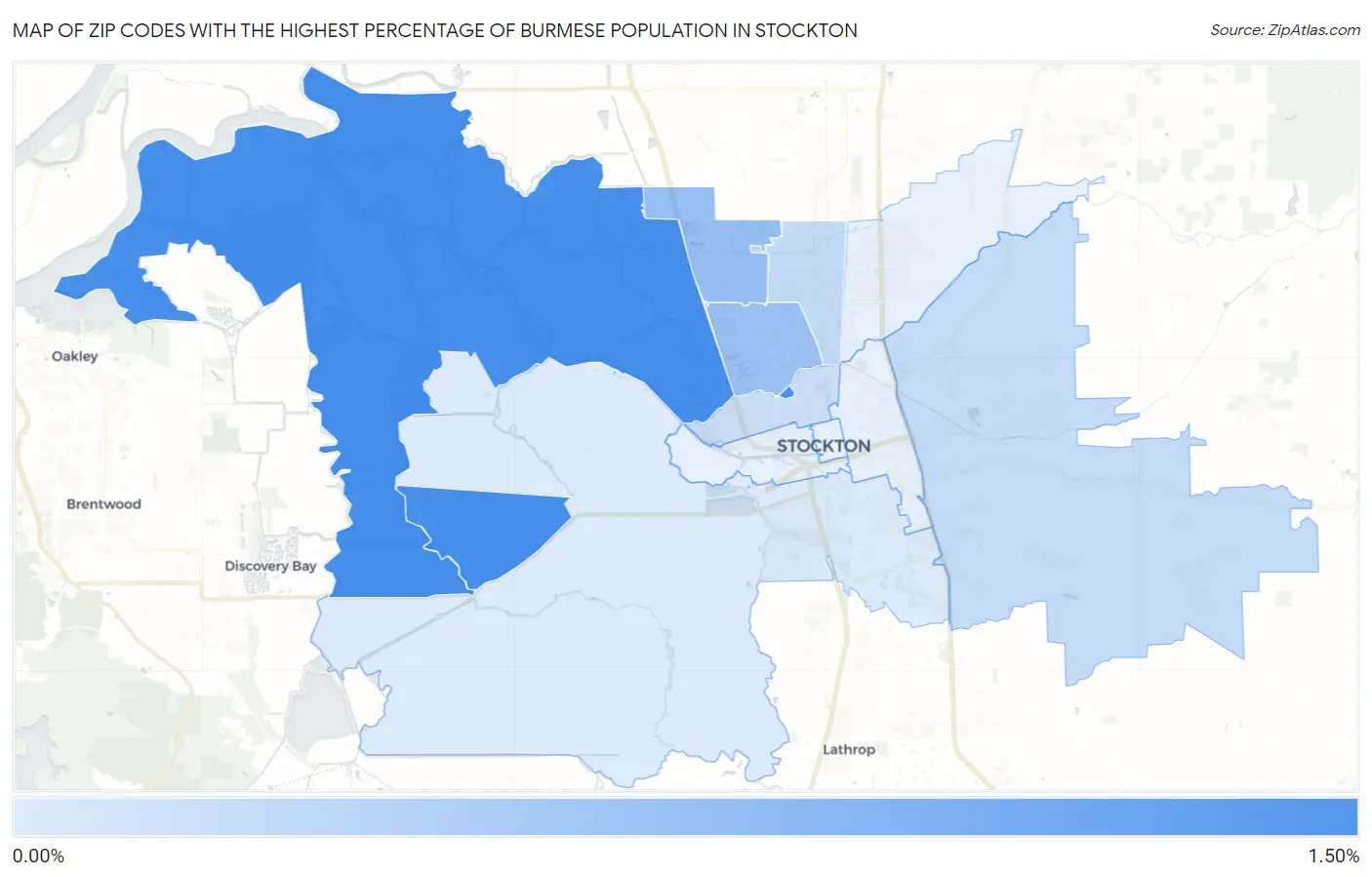 Zip Codes with the Highest Percentage of Burmese Population in Stockton Map