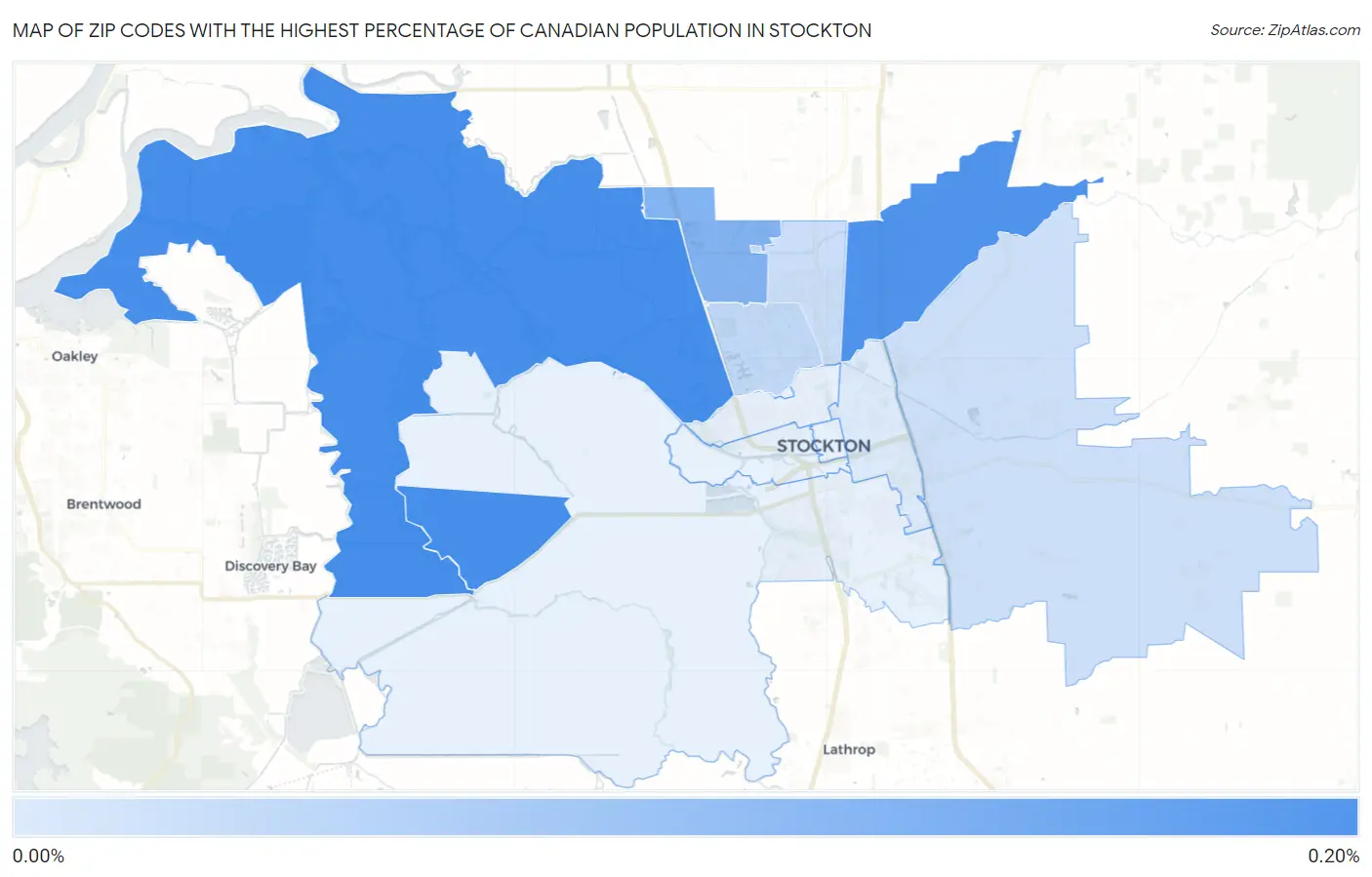 Zip Codes with the Highest Percentage of Canadian Population in Stockton Map