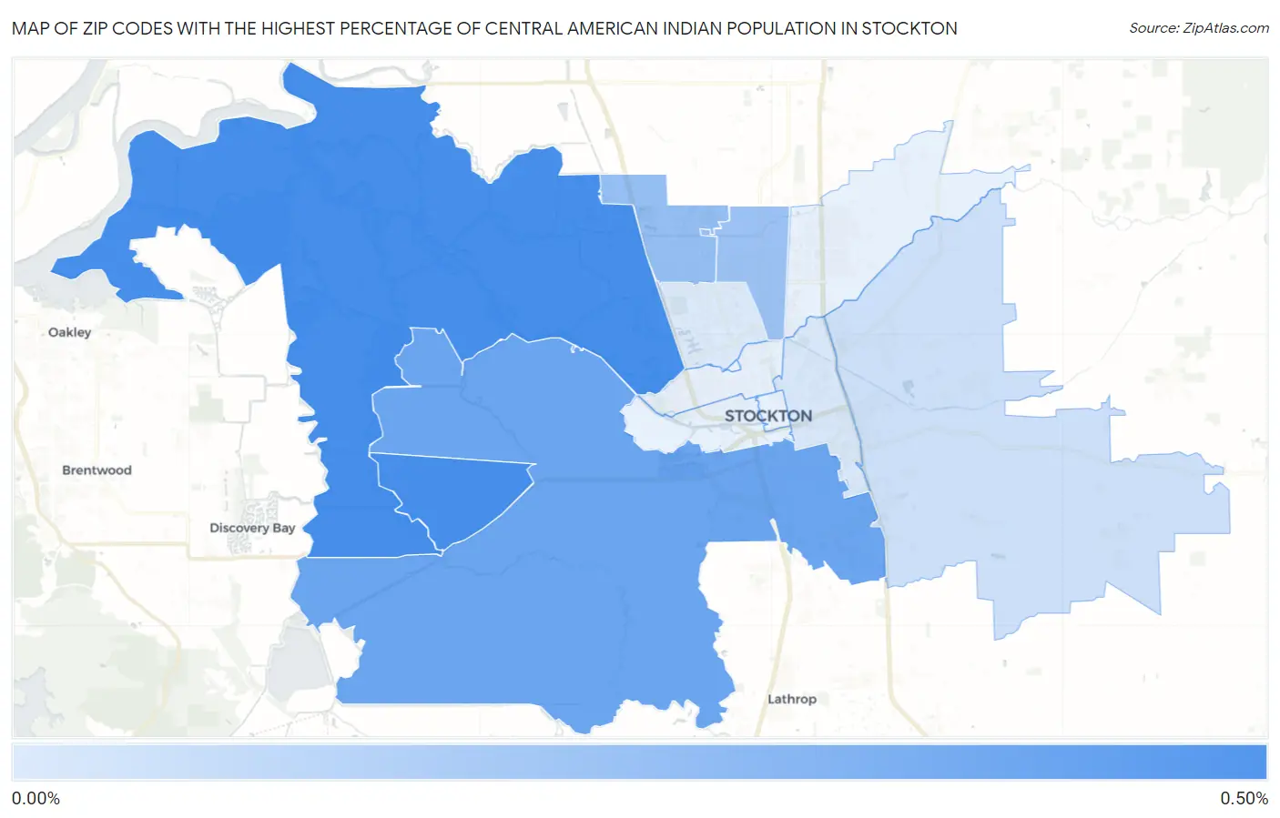 Zip Codes with the Highest Percentage of Central American Indian Population in Stockton Map