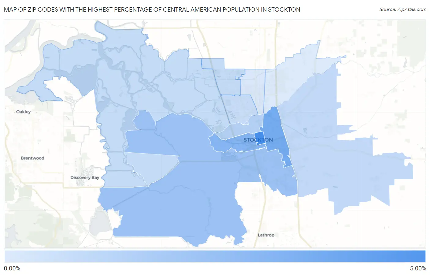 Zip Codes with the Highest Percentage of Central American Population in Stockton Map
