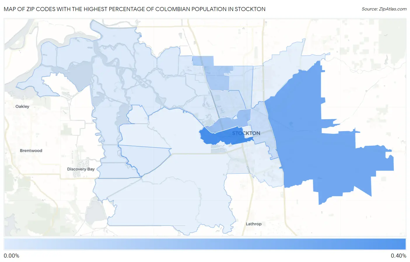 Zip Codes with the Highest Percentage of Colombian Population in Stockton Map