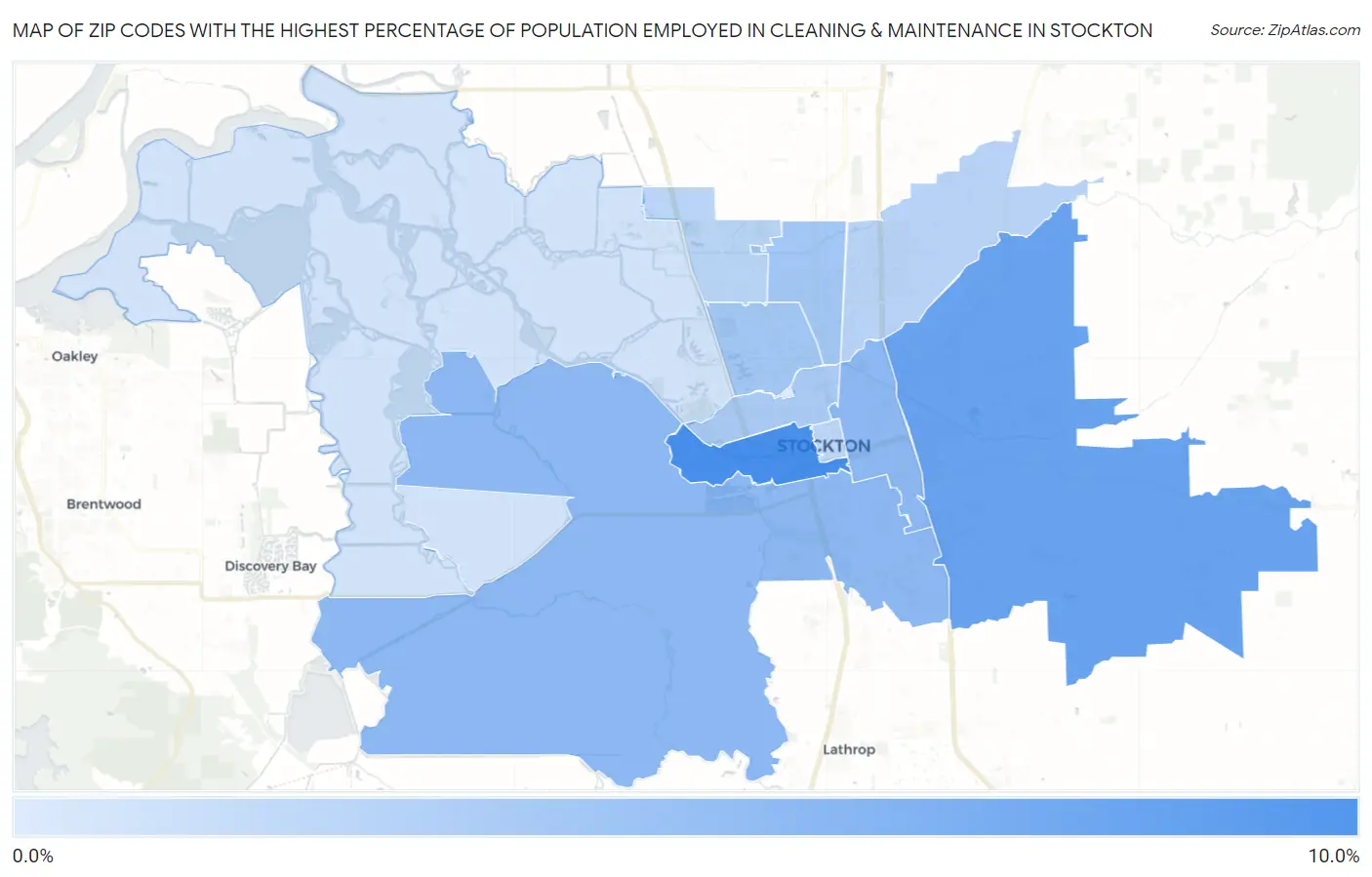 Zip Codes with the Highest Percentage of Population Employed in Cleaning & Maintenance in Stockton Map