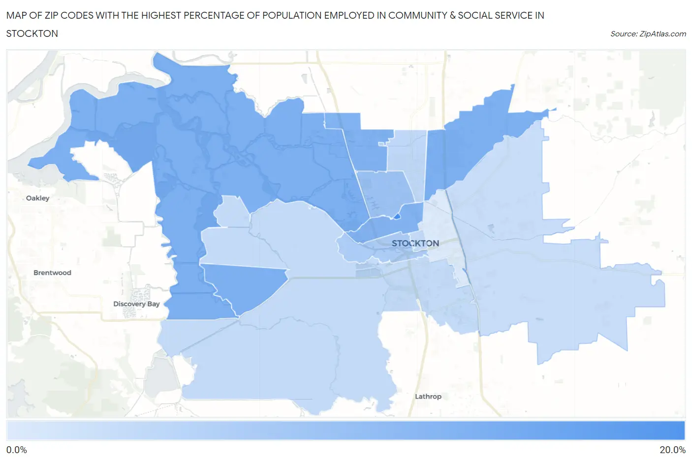 Zip Codes with the Highest Percentage of Population Employed in Community & Social Service  in Stockton Map