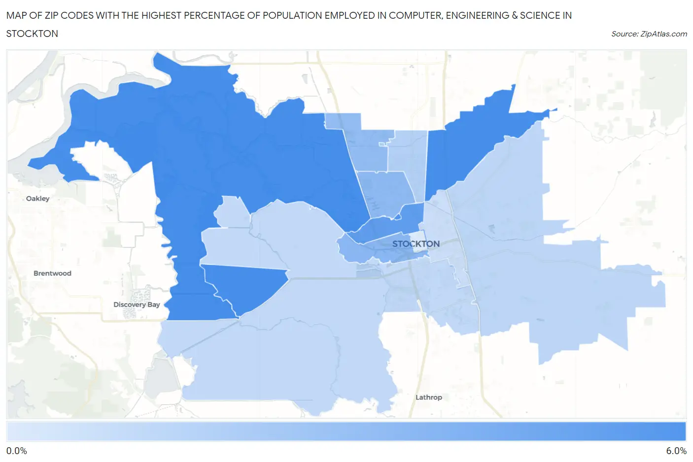 Zip Codes with the Highest Percentage of Population Employed in Computer, Engineering & Science in Stockton Map