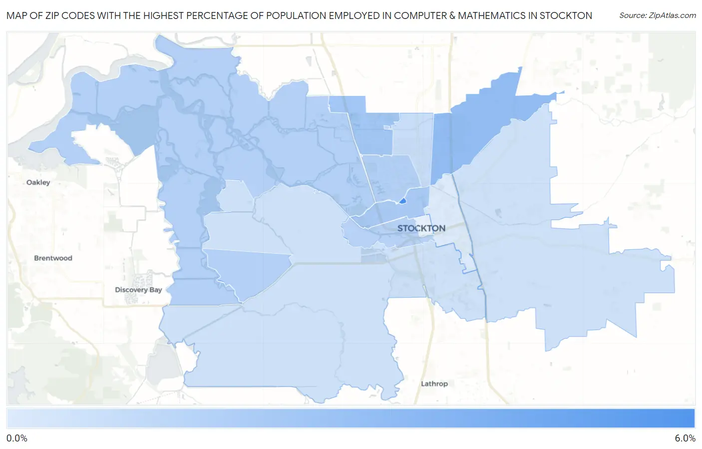 Zip Codes with the Highest Percentage of Population Employed in Computer & Mathematics in Stockton Map