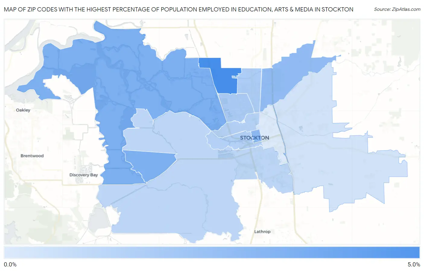 Zip Codes with the Highest Percentage of Population Employed in Education, Arts & Media in Stockton Map