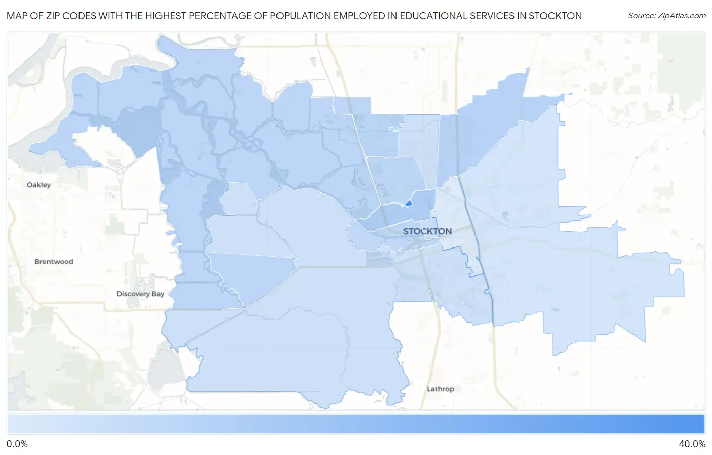 Zip Codes with the Highest Percentage of Population Employed in Educational Services in Stockton Map