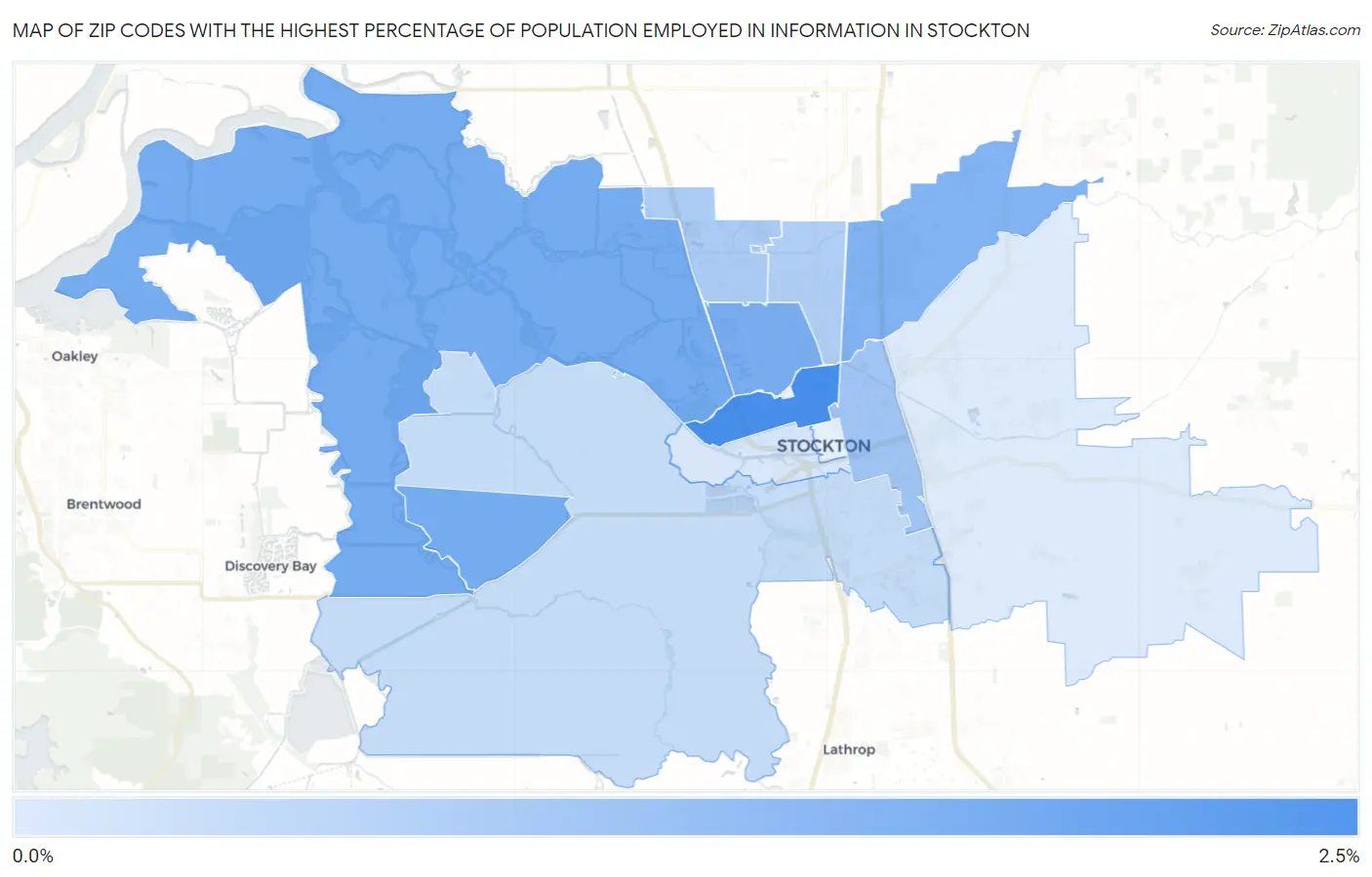 Zip Codes with the Highest Percentage of Population Employed in Information in Stockton Map