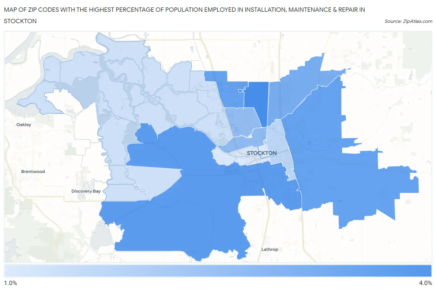 Zip Codes with the Highest Percentage of Population Employed in Installation, Maintenance & Repair in Stockton Map