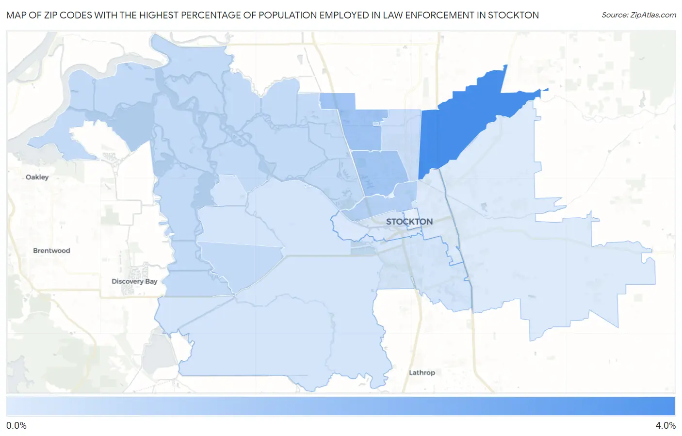 Zip Codes with the Highest Percentage of Population Employed in Law Enforcement in Stockton Map