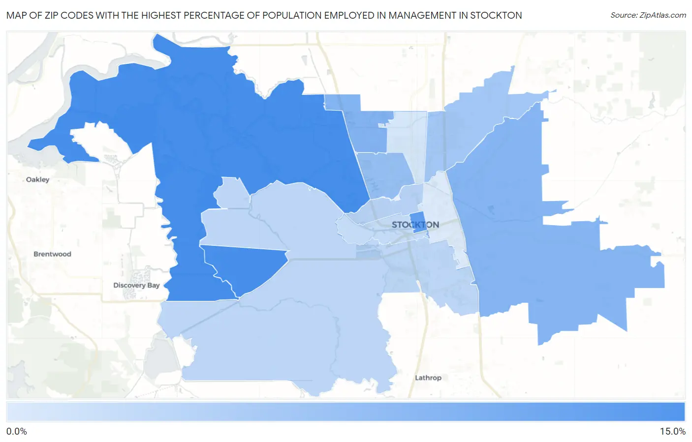Zip Codes with the Highest Percentage of Population Employed in Management in Stockton Map