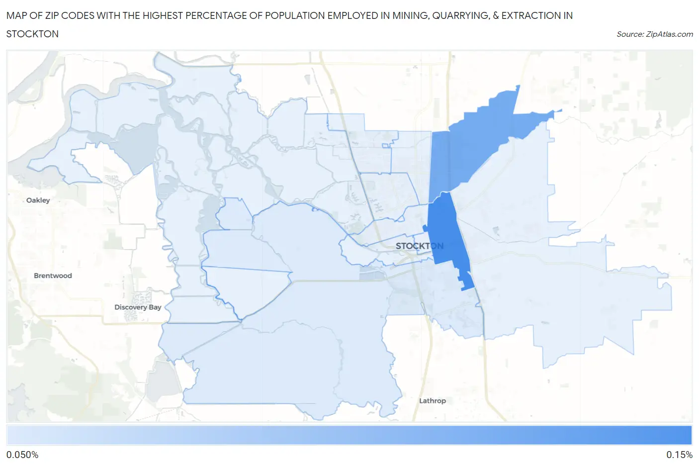 Zip Codes with the Highest Percentage of Population Employed in Mining, Quarrying, & Extraction in Stockton Map