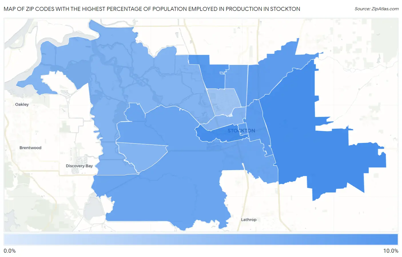 Zip Codes with the Highest Percentage of Population Employed in Production in Stockton Map