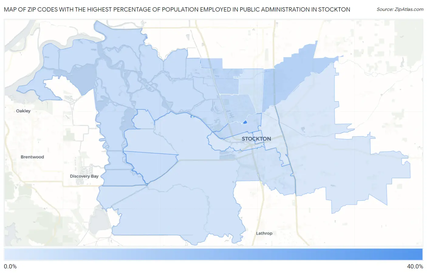 Zip Codes with the Highest Percentage of Population Employed in Public Administration in Stockton Map