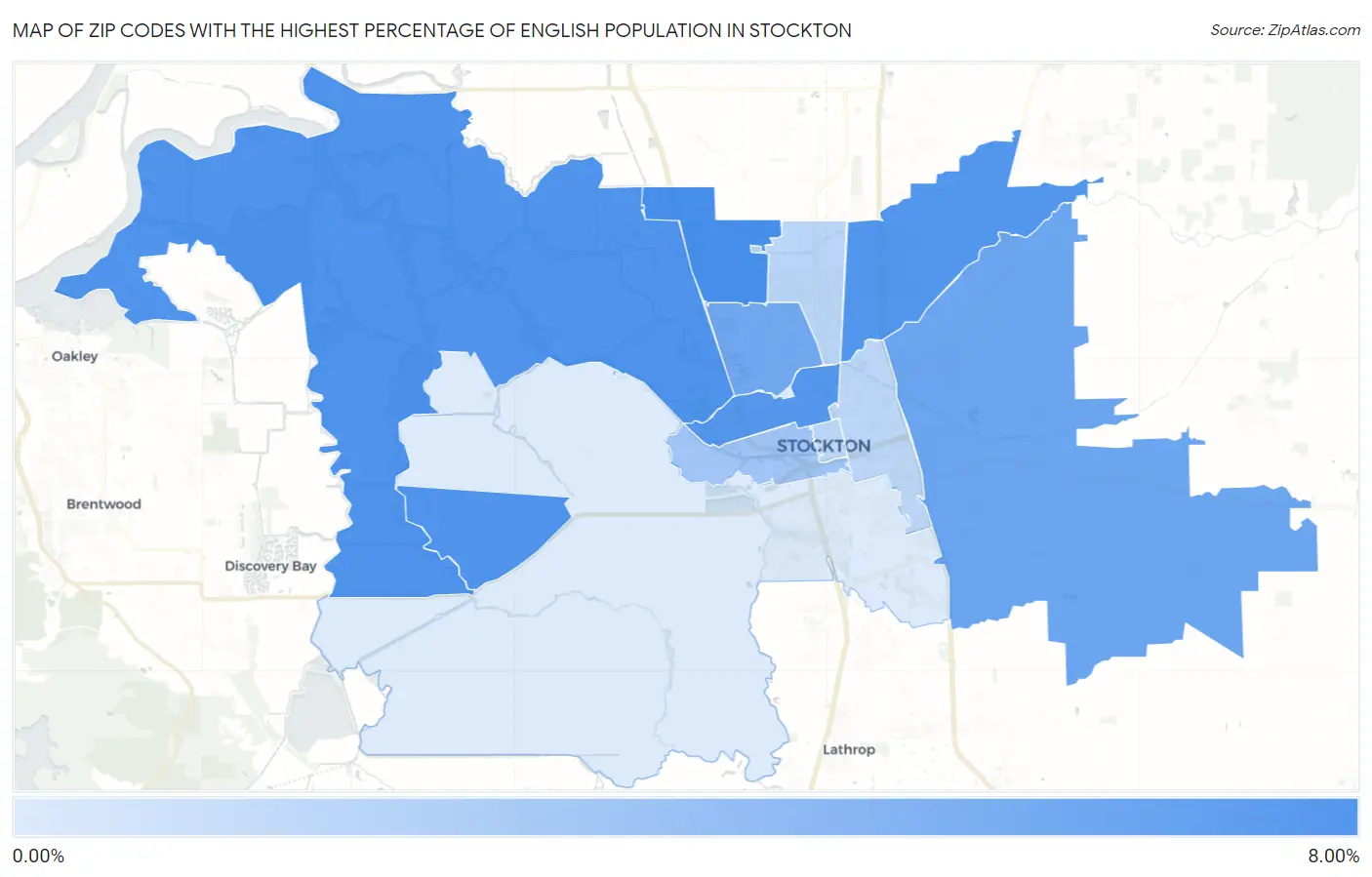 Zip Codes with the Highest Percentage of English Population in Stockton Map