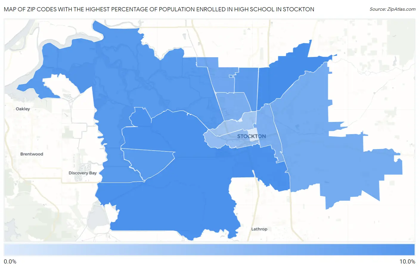 Zip Codes with the Highest Percentage of Population Enrolled in High School in Stockton Map