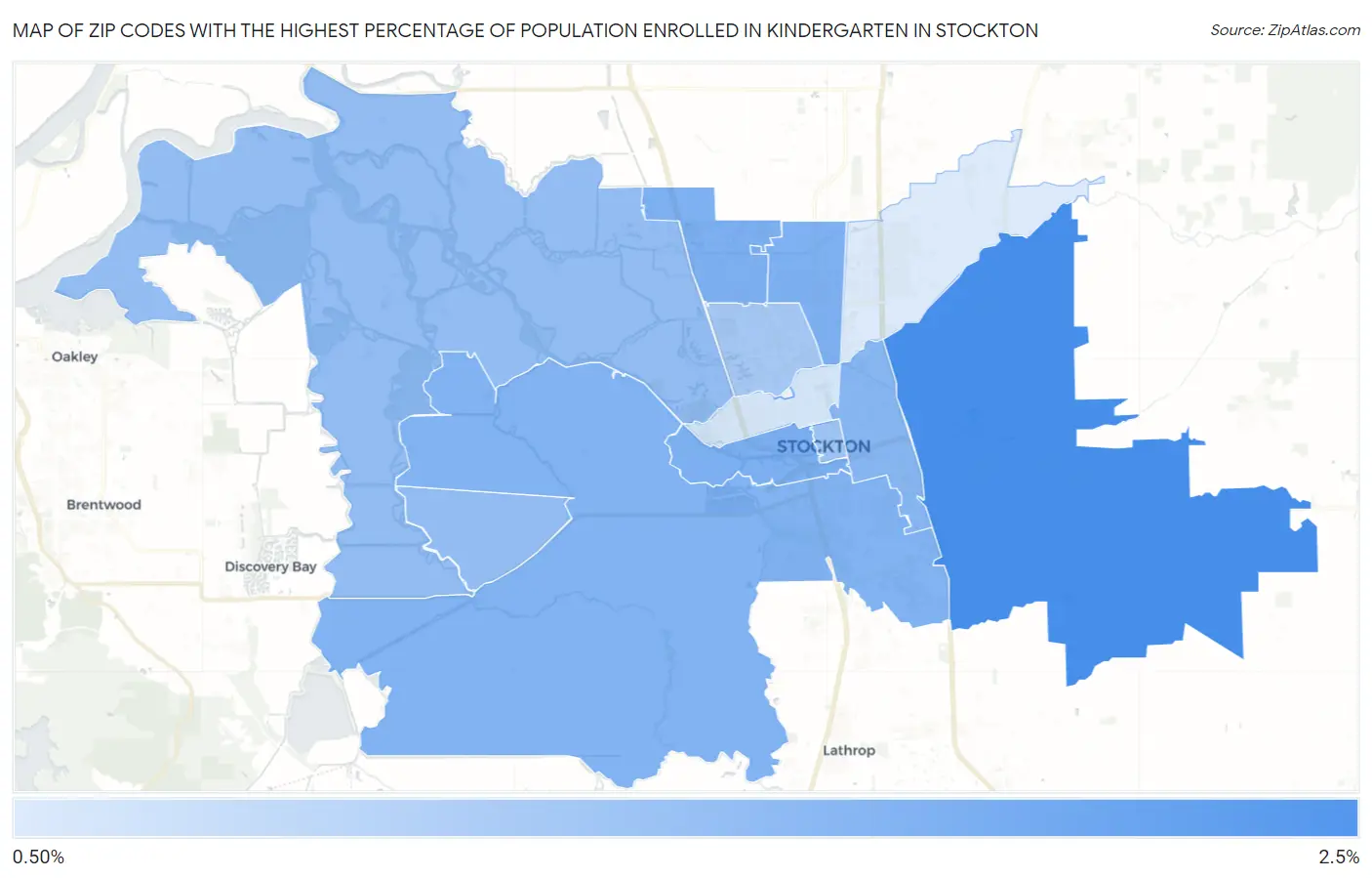 Zip Codes with the Highest Percentage of Population Enrolled in Kindergarten in Stockton Map