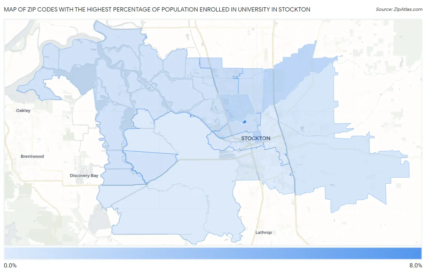 Zip Codes with the Highest Percentage of Population Enrolled in University in Stockton Map