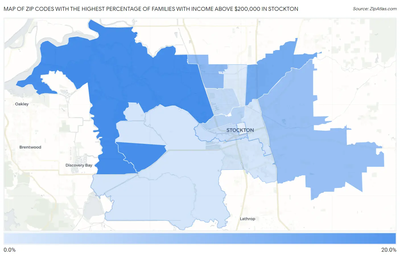 Zip Codes with the Highest Percentage of Families with Income Above $200,000 in Stockton Map