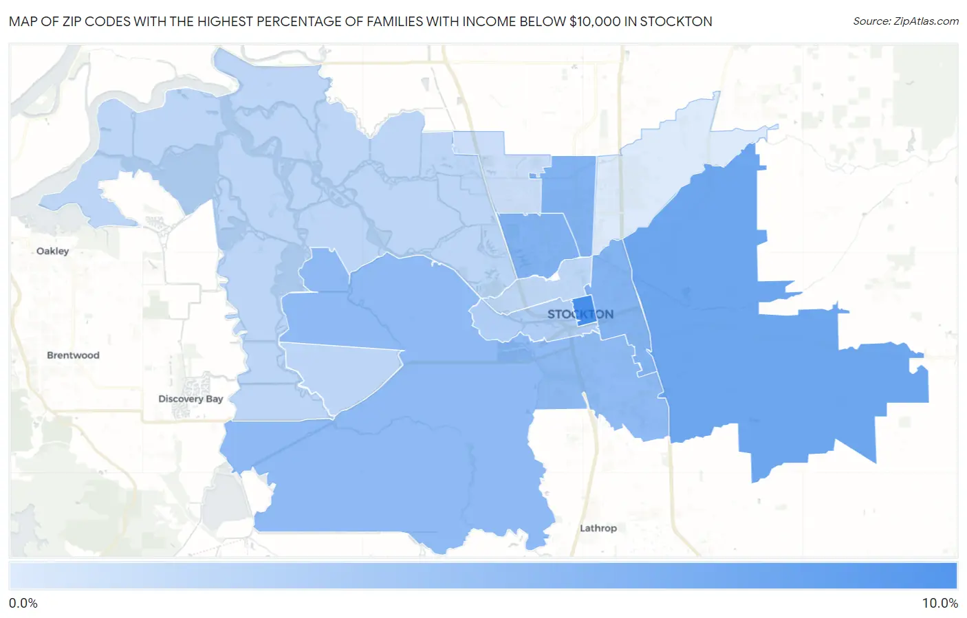 Zip Codes with the Highest Percentage of Families with Income Below $10,000 in Stockton Map