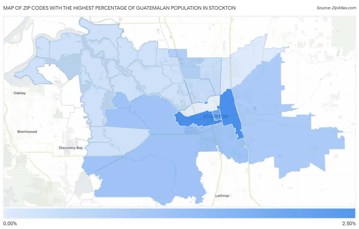 Zip Codes with the Highest Percentage of Guatemalan Population in Stockton Map