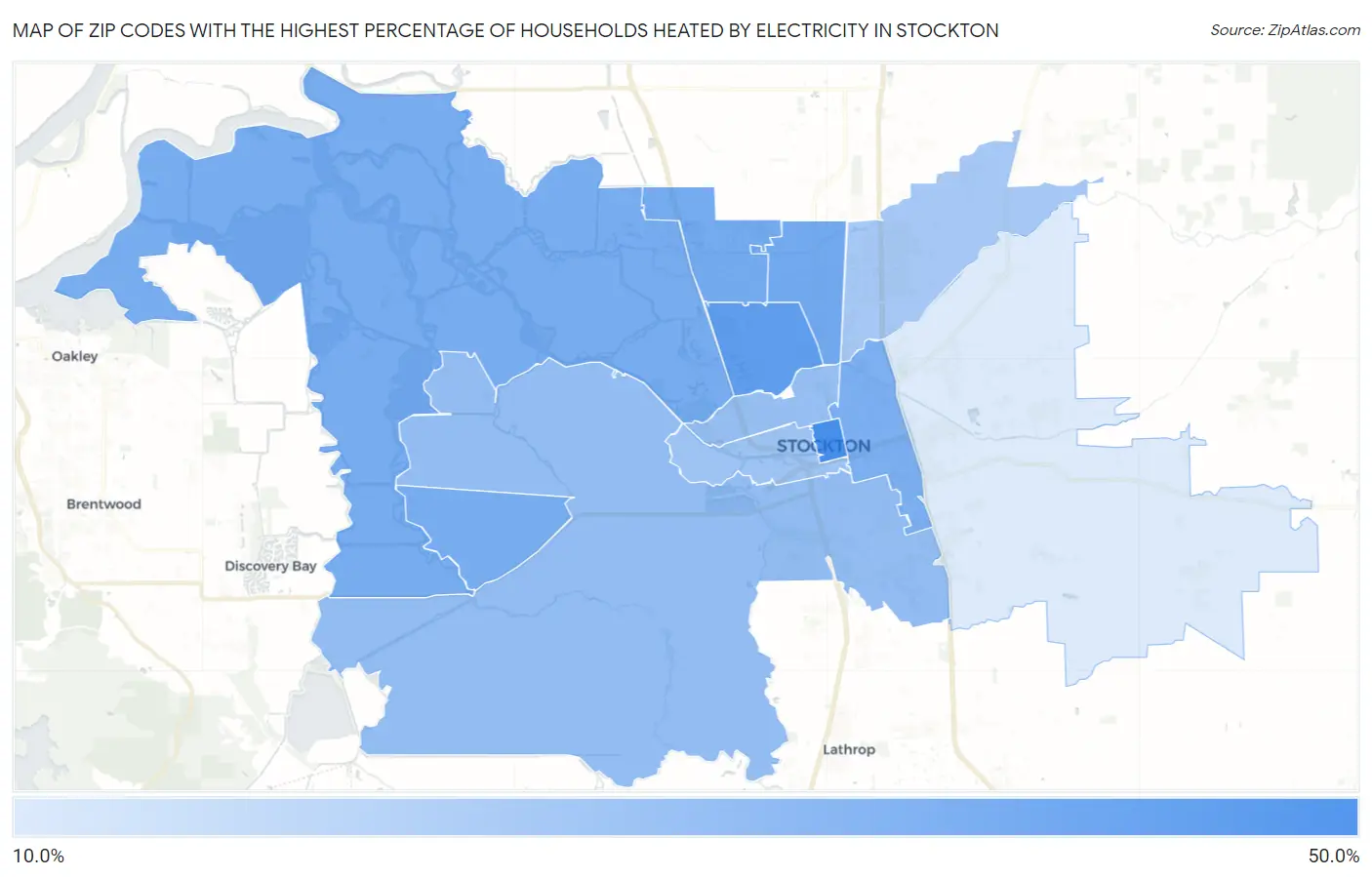 Zip Codes with the Highest Percentage of Households Heated by Electricity in Stockton Map