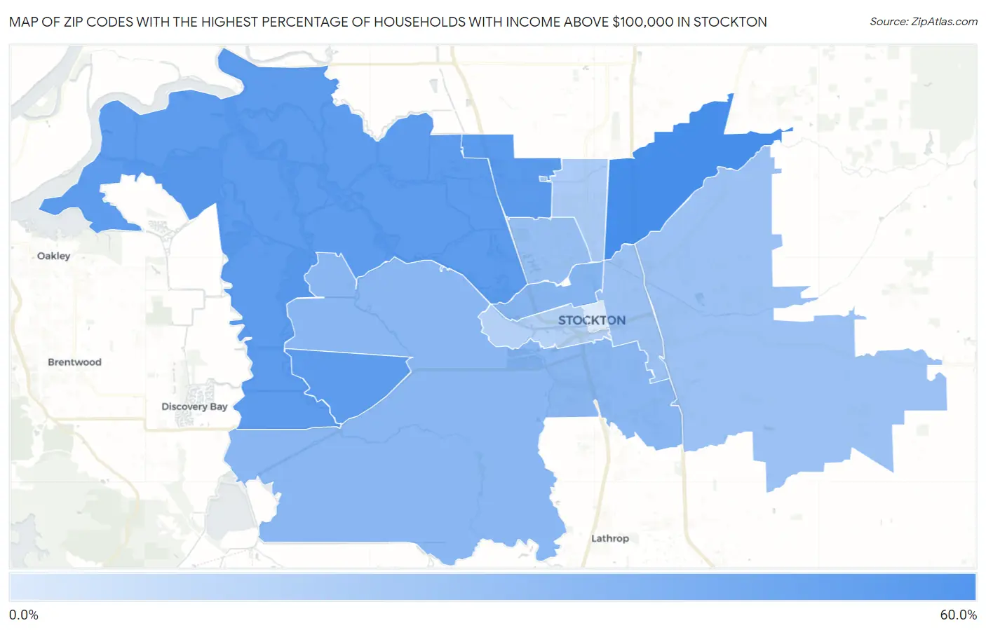 Zip Codes with the Highest Percentage of Households with Income Above $100,000 in Stockton Map