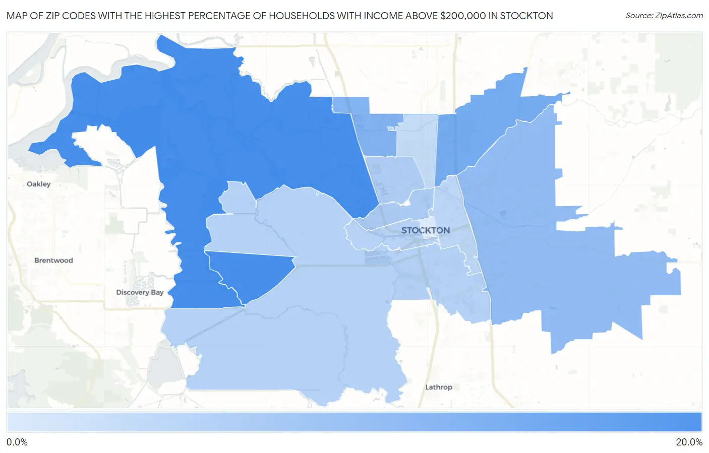 Zip Codes with the Highest Percentage of Households with Income Above $200,000 in Stockton Map
