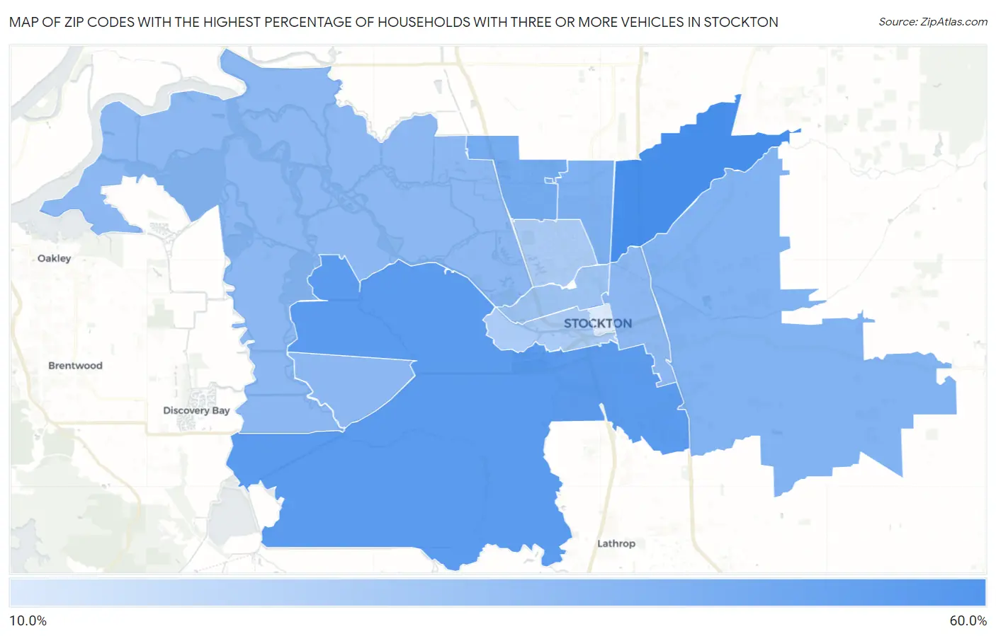 Zip Codes with the Highest Percentage of Households With Three or more Vehicles in Stockton Map