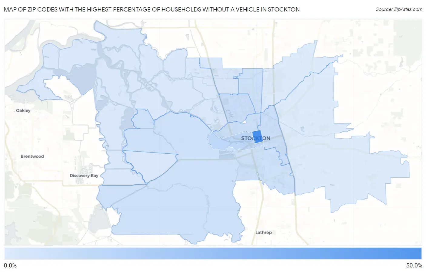 Zip Codes with the Highest Percentage of Households Without a Vehicle in Stockton Map