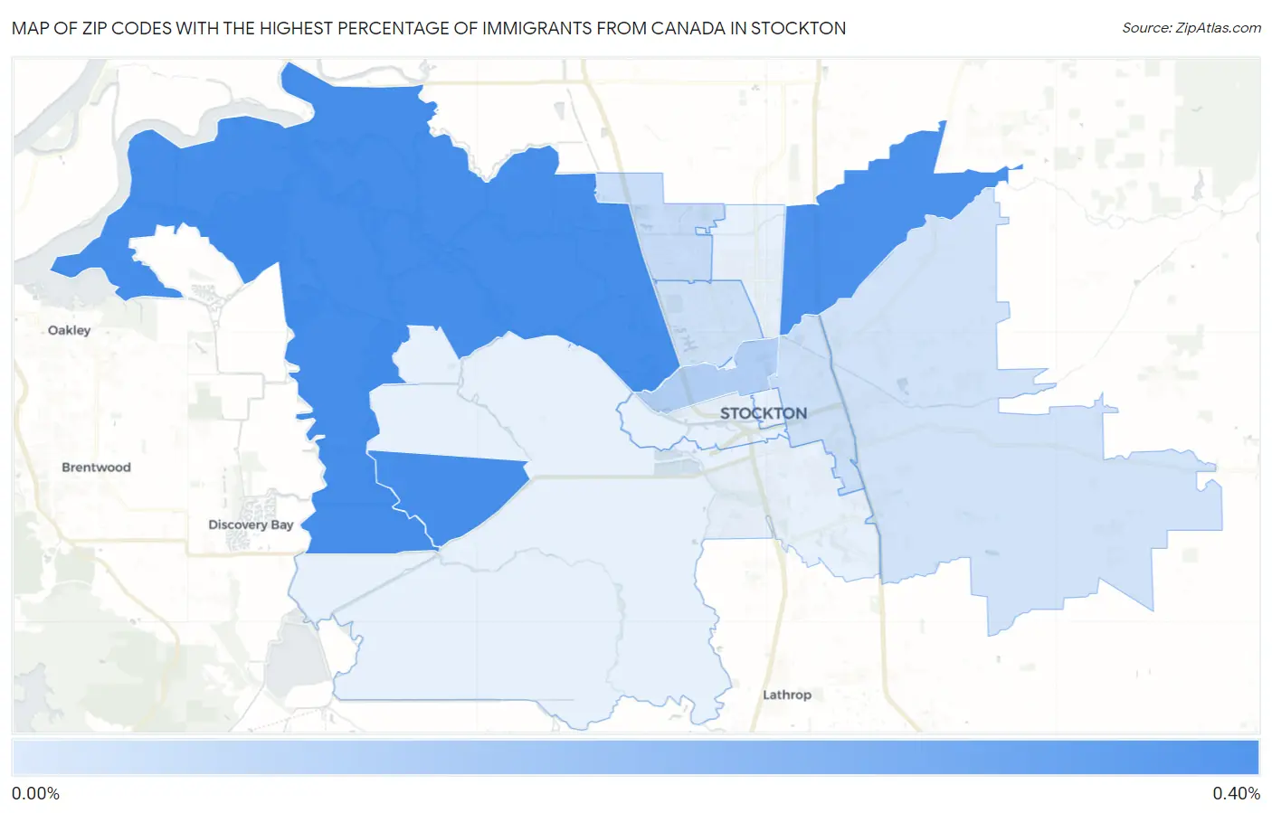 Zip Codes with the Highest Percentage of Immigrants from Canada in Stockton Map