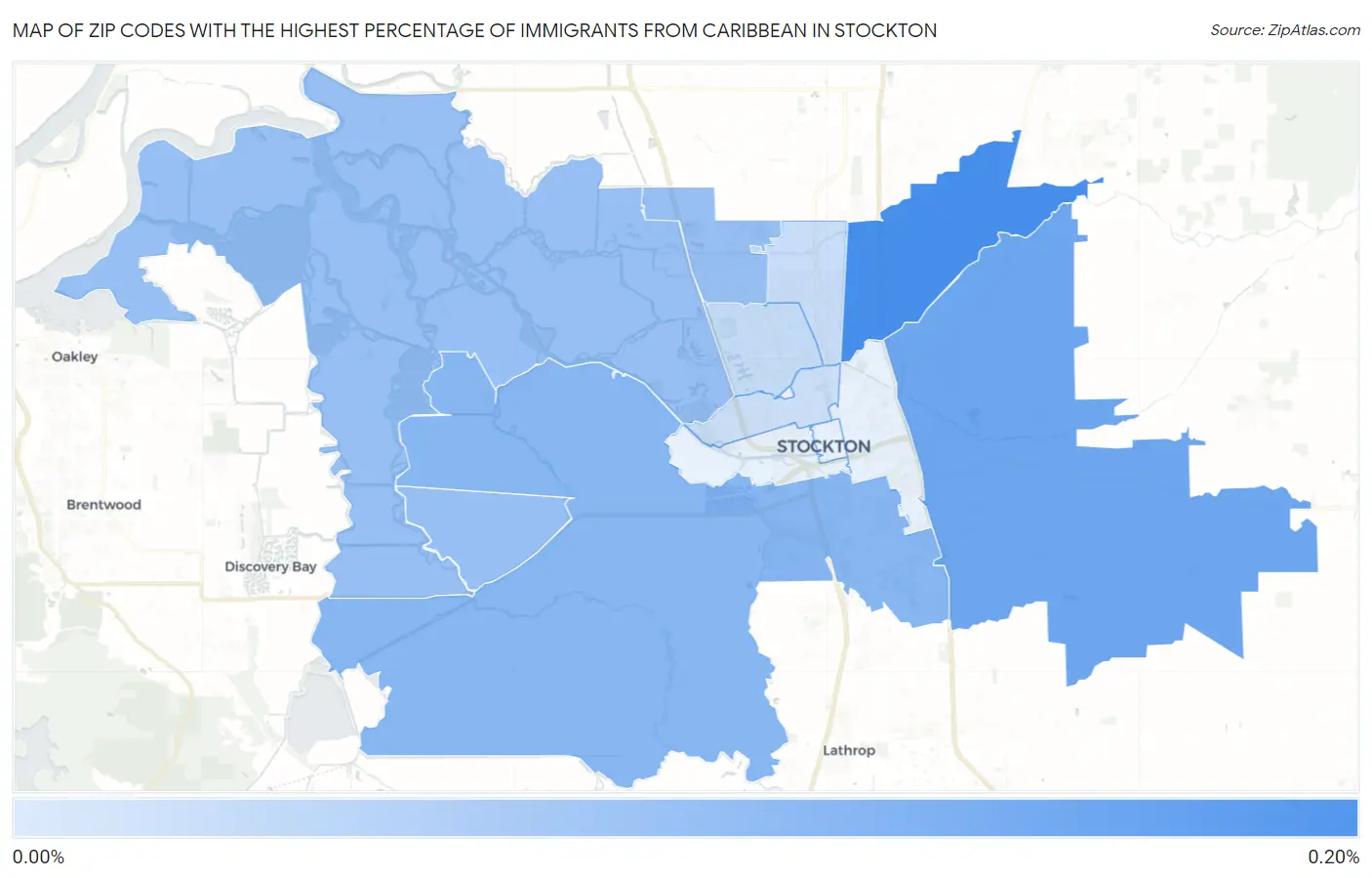 Zip Codes with the Highest Percentage of Immigrants from Caribbean in Stockton Map