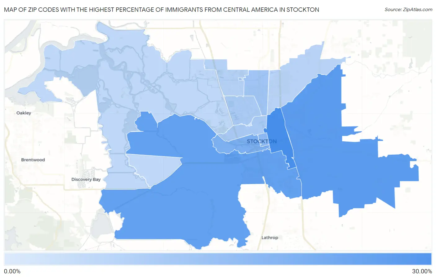 Zip Codes with the Highest Percentage of Immigrants from Central America in Stockton Map