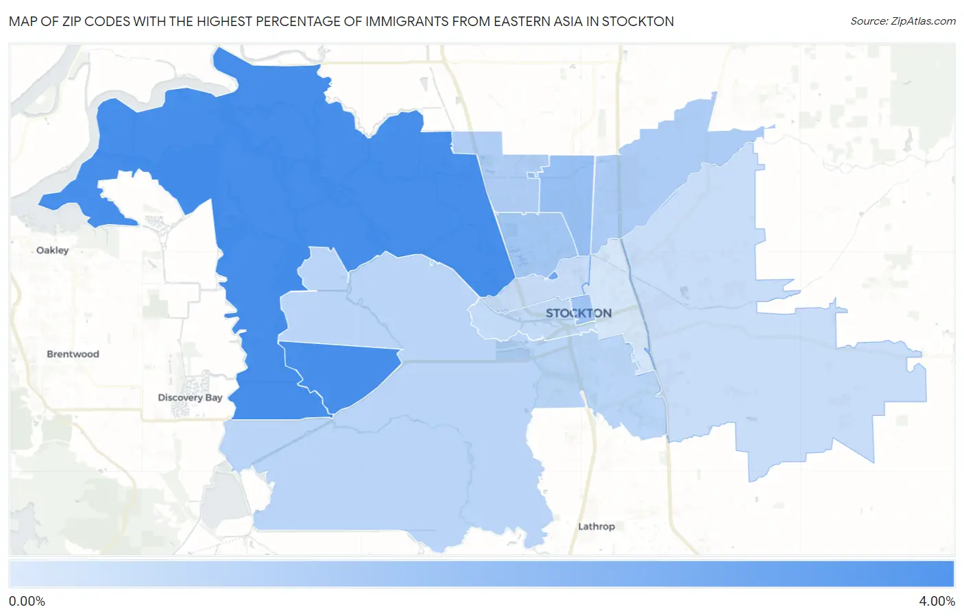 Zip Codes with the Highest Percentage of Immigrants from Eastern Asia in Stockton Map