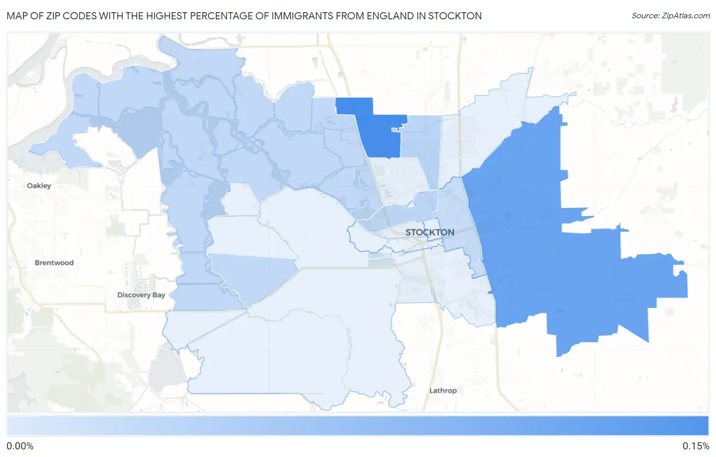 Zip Codes with the Highest Percentage of Immigrants from England in Stockton Map