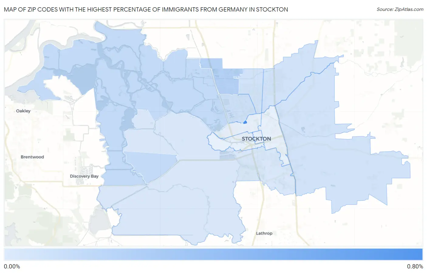 Zip Codes with the Highest Percentage of Immigrants from Germany in Stockton Map