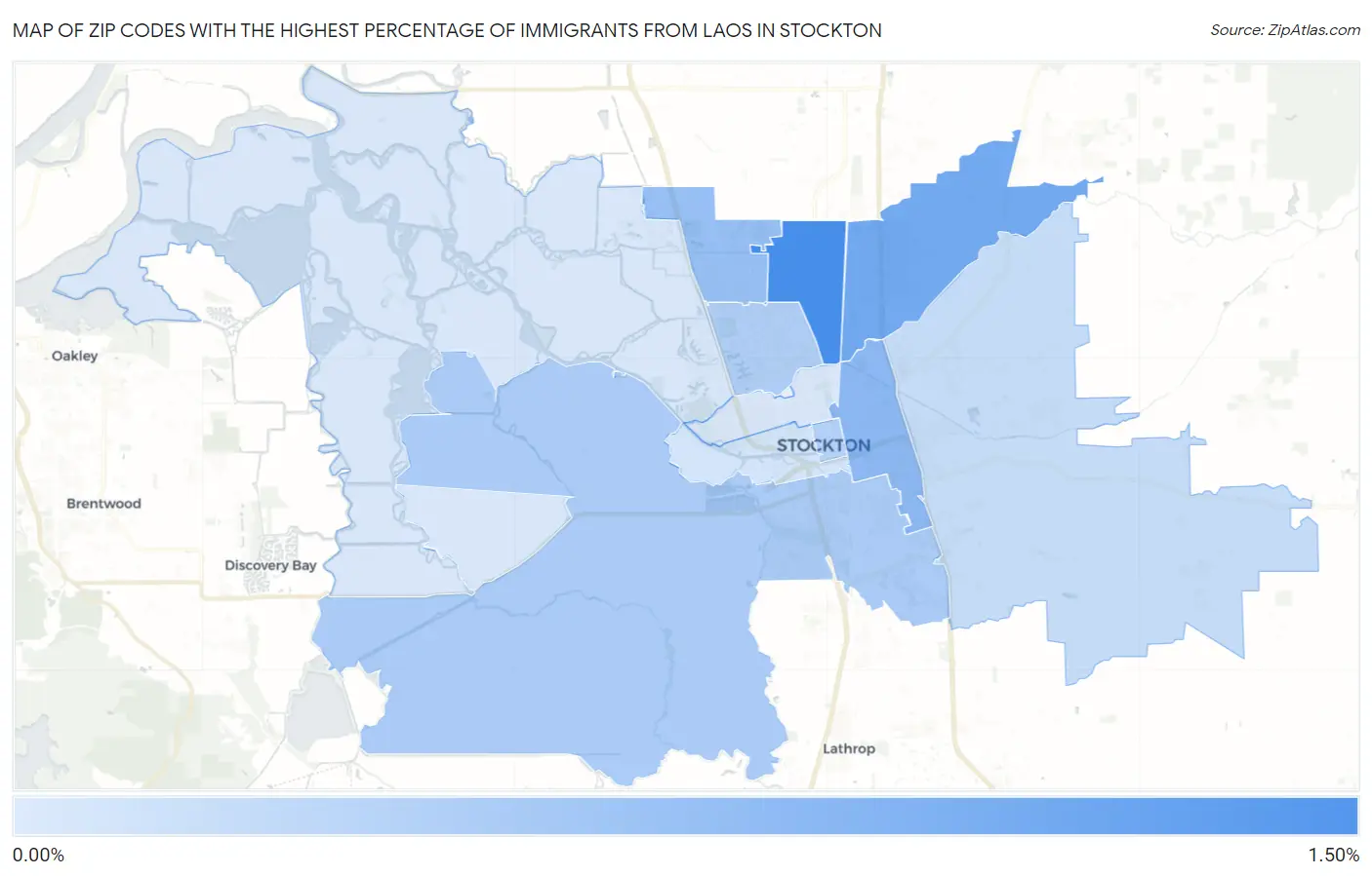 Zip Codes with the Highest Percentage of Immigrants from Laos in Stockton Map