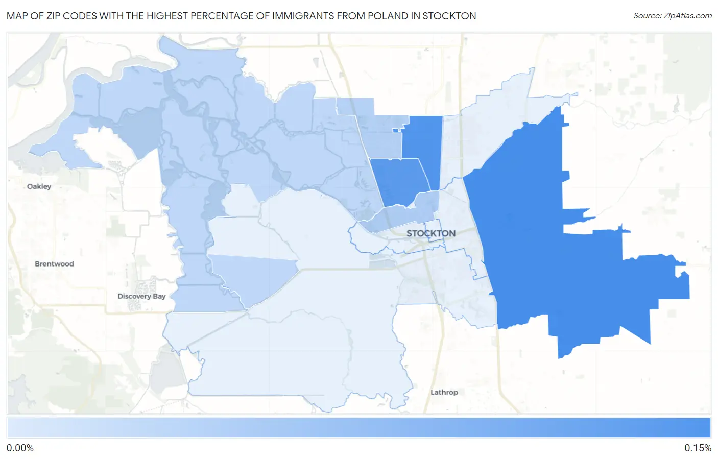 Zip Codes with the Highest Percentage of Immigrants from Poland in Stockton Map